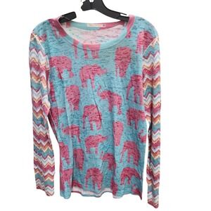 Before + Again Womens Elephant Chevron Long Sleeve Top Blue Pink Size Medium